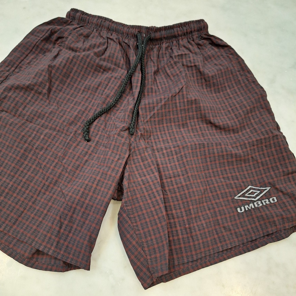 Vintage 90s Umbro Shorts Mens S Burgundy Plaid Check Nylon Soccer Athletic USA